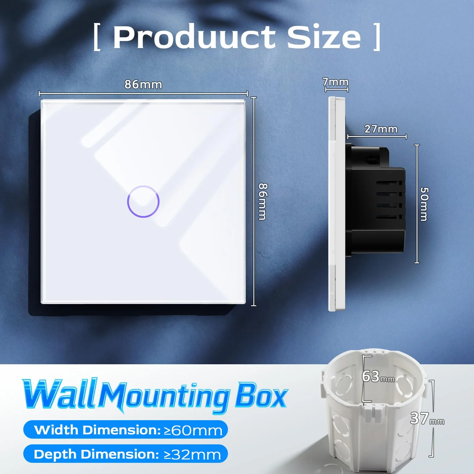 BSEED Interruptor de Luz 1 Gang 1 Vía,NO Interruptor WiFi,Interruptores tactil pared Blanco con indicador LED,Interruptores de luz con panel de vidrio templado,sin cable neutro