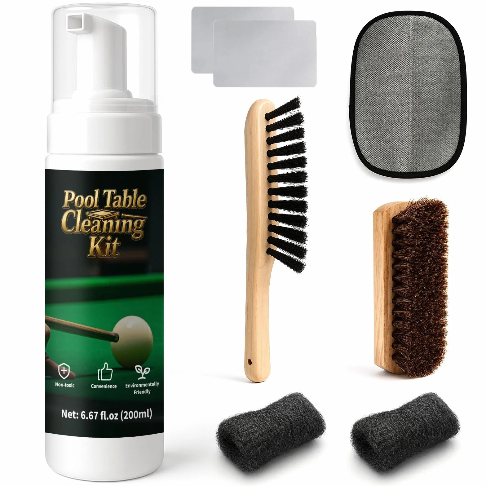 Juego de limpiador de mesas de billar de 200 ml, accesorios de limpieza de fieltro de billar con 2 cepillos de mesa de billar, 1 esponja de alambre de acero, 1 paño