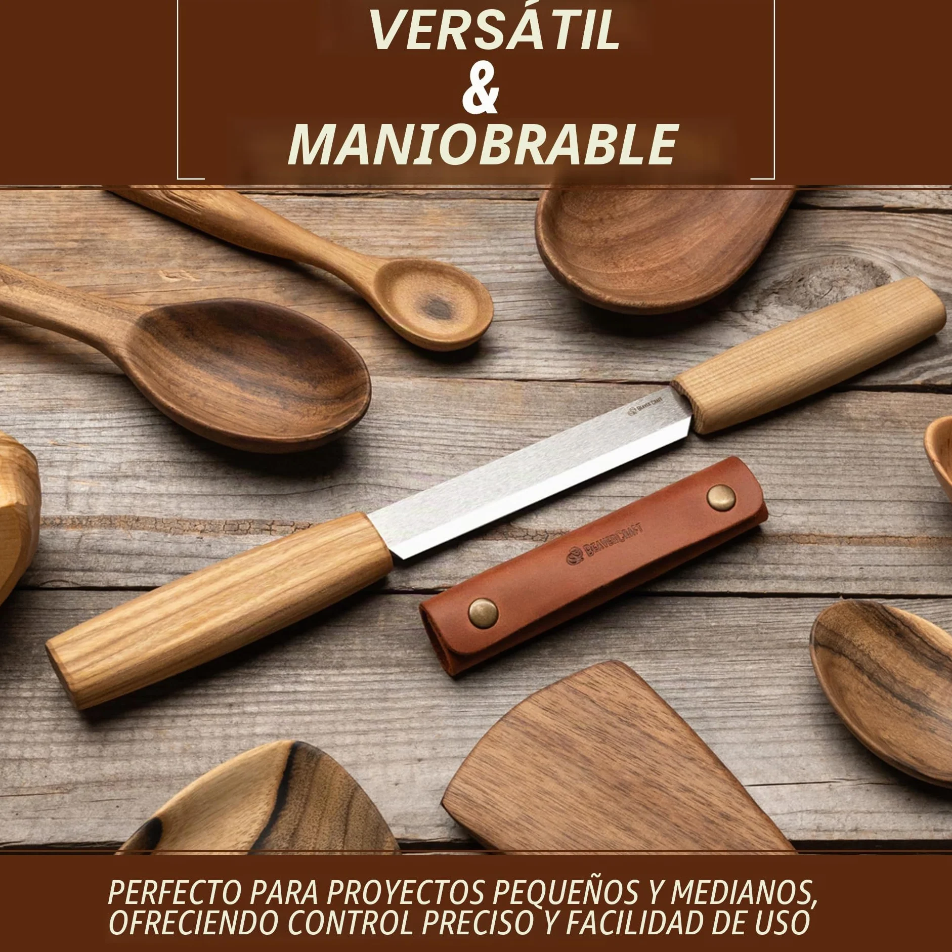 BeaverCraft Cuchilla de Talla DK2s 4.3" con Funda de Cuero – Herramienta de Carpintería para Dar Forma y Detalles, Talla de Cucharas y Madera