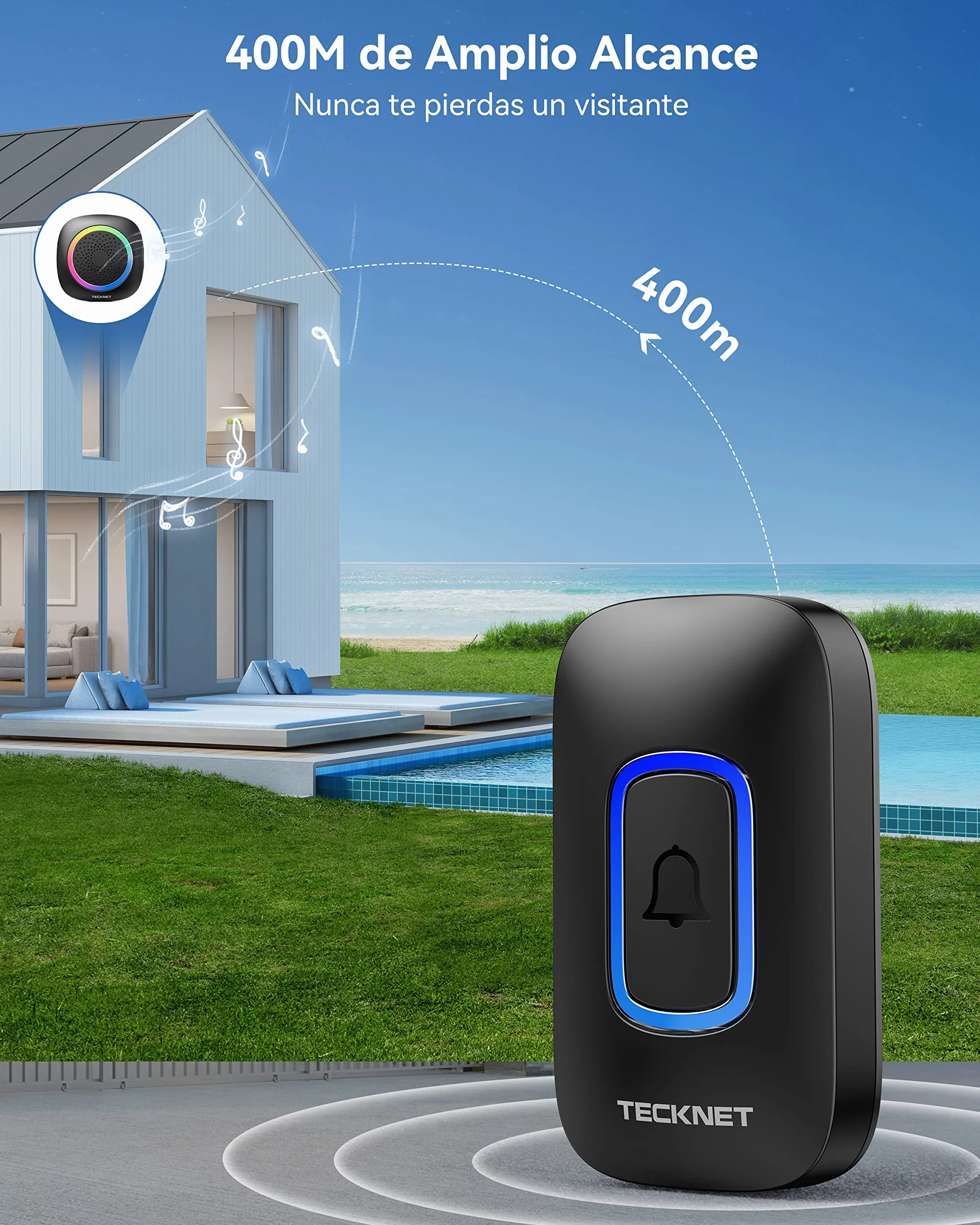 TECKNET Timbre Inalámbrico Funciona con Pilas, 400M Alcance RGB Timbre Inalámbrico Exterior Impermeable IP66, 5 Niveles de Volumen (0-110dB) y 60 Melodías para Hogar/Hotel/Oficina/Emergencia, etc