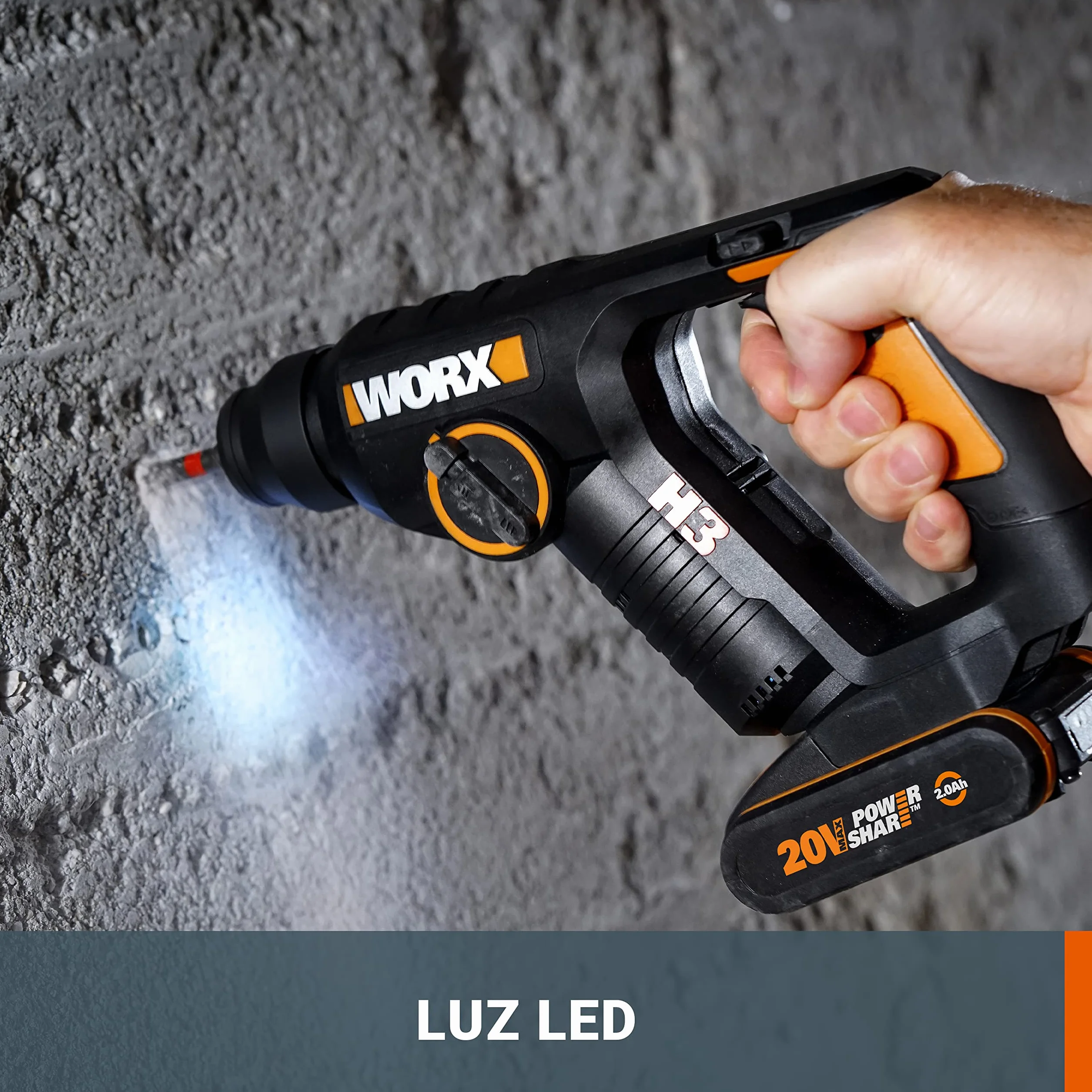 WORX WX394.6 H3 | Martillo sds-plus 20V | Función de taladro | Incluye 2 baterías de 2Ah, cargador y maletín | 3 Funciones | Ligero y compacto | Ideal para taladros en el techo