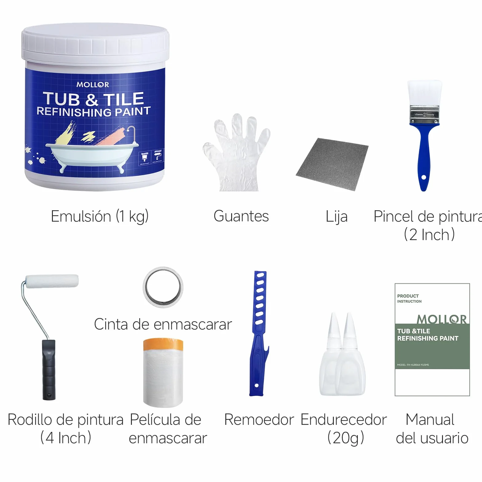 Kit de renovación bañeras y azulejos con herramientas, 35oz pintura blanca water-based, bajo olor, DIY, fácil uso, semi-brillante, 4.6-5.5m²
