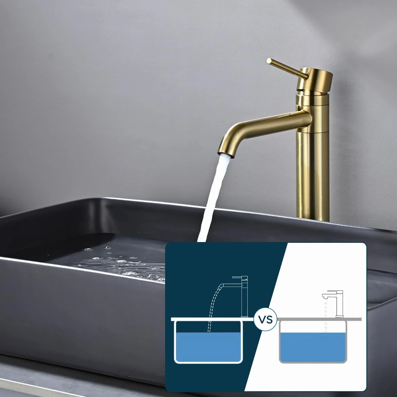 Grifo Lavabo Alto Giratorio 360°, DETBOM Grifo Monomando Agua Fría y Caliente, Grifos Dorado para Lavabo de Encimera, Mezclador de Baño, Acero Inoxidable 304, Aireador Extraíble, Oro Cepillado