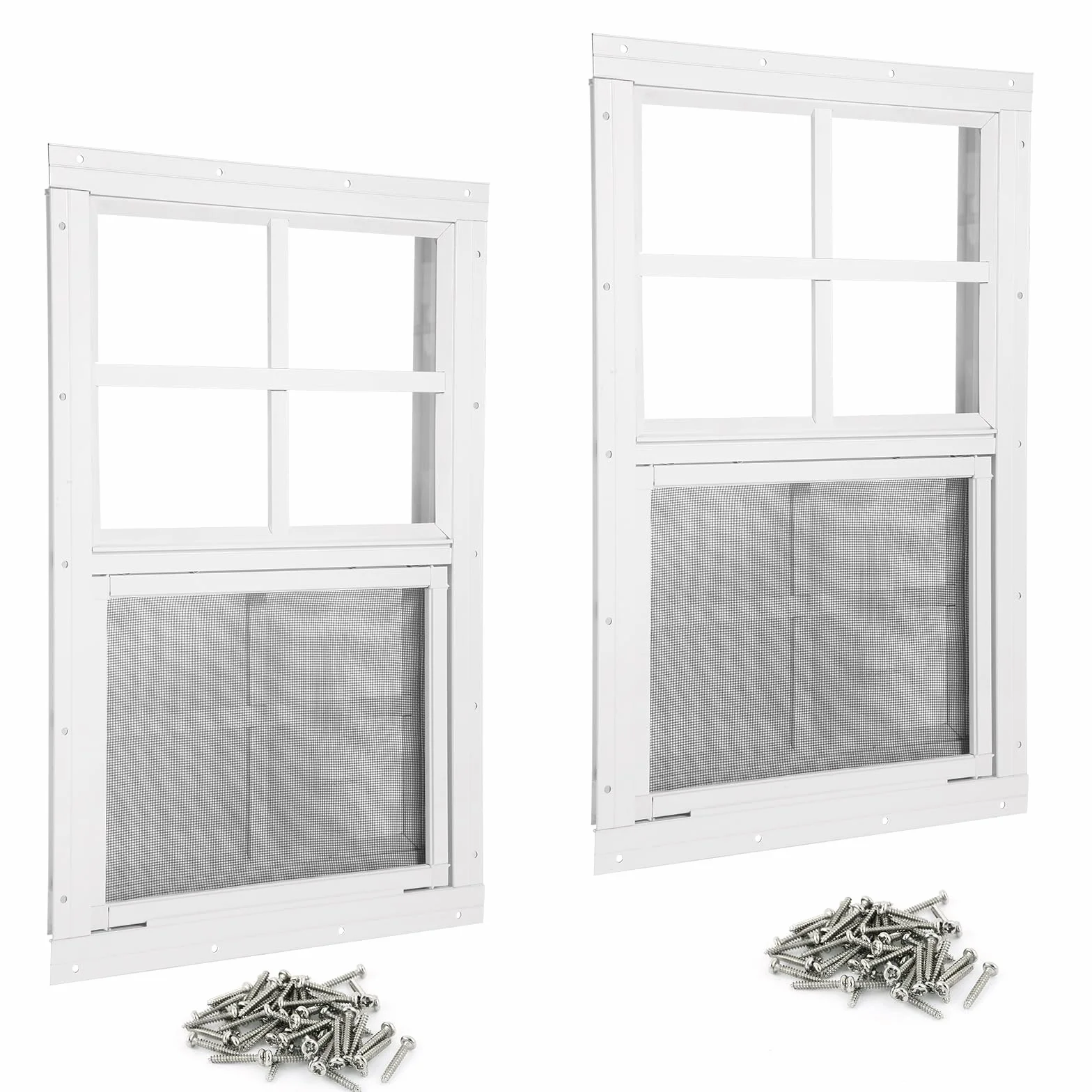 Paquete de 2 ventanas de cobertizo de 14 pulgadas de ancho x 21 pulgadas de alto, ventana blanca con vidrio templado y pantalla de fibra de vidrio, ventanas correderas con deslizador vertical y