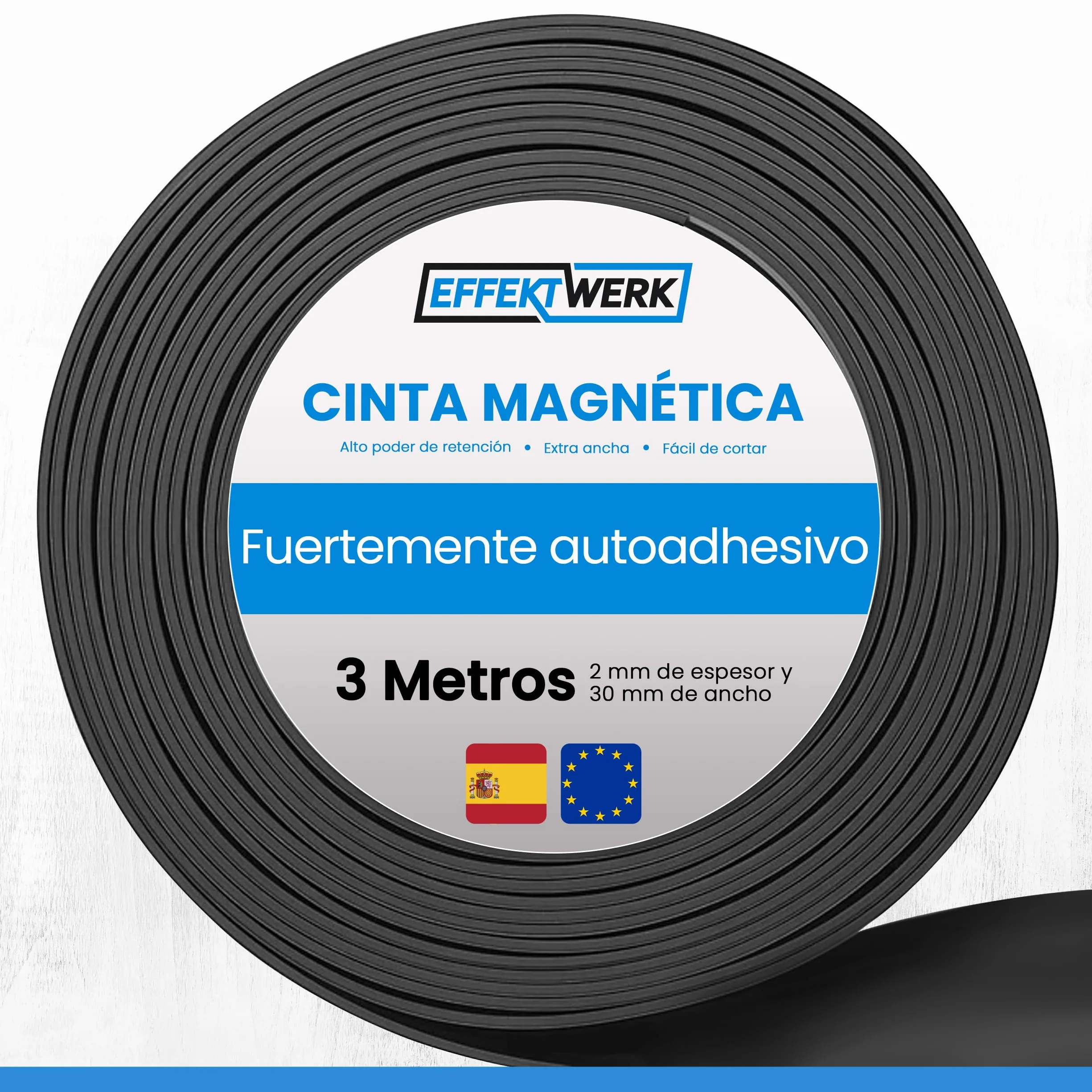 Rollo de cinta magnética - 3 metros de largo, 30 mm de ancho - Bandas magnéticas con fuerte respaldo autoadhesivo - Fácil de cortar y pegar a superficies planas