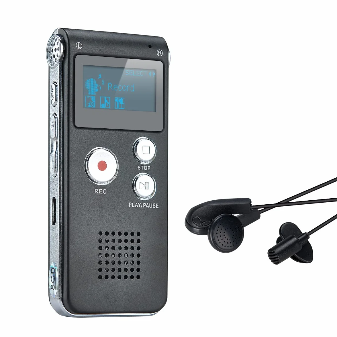 Grabadora de Voz Digital Profesional 8GB LCD USB Reproductor MP3 Batería Recargable Negro