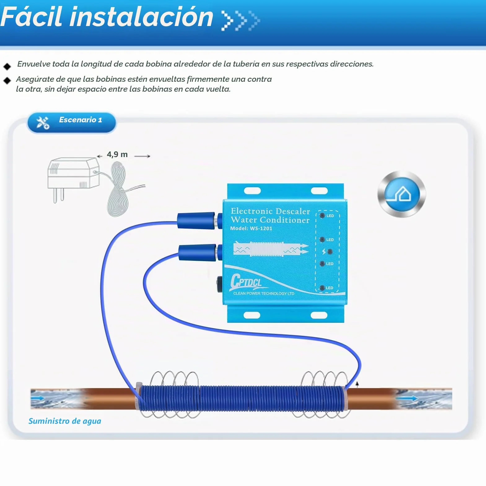 Sistema Descalcificador Electrónico de Agua sin Sal, Acondicionador para Agua Dura, Reduce Incrustaciones, para Todo Tipo de Mangueras Hidráulicas,9V,Dureza del agua: 10-12.5GPG (azul)