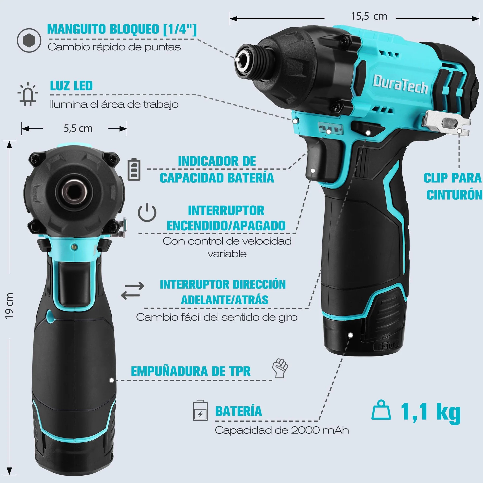 DURATECH Atornillador Impacto Inalámbrico 12V, 100Nm con Accesorios | Velocidad de 2400RPM con LED, Batería 2,0Ah, 11 Puntas y 3 Vasos para Bricolaje y Reparaciones