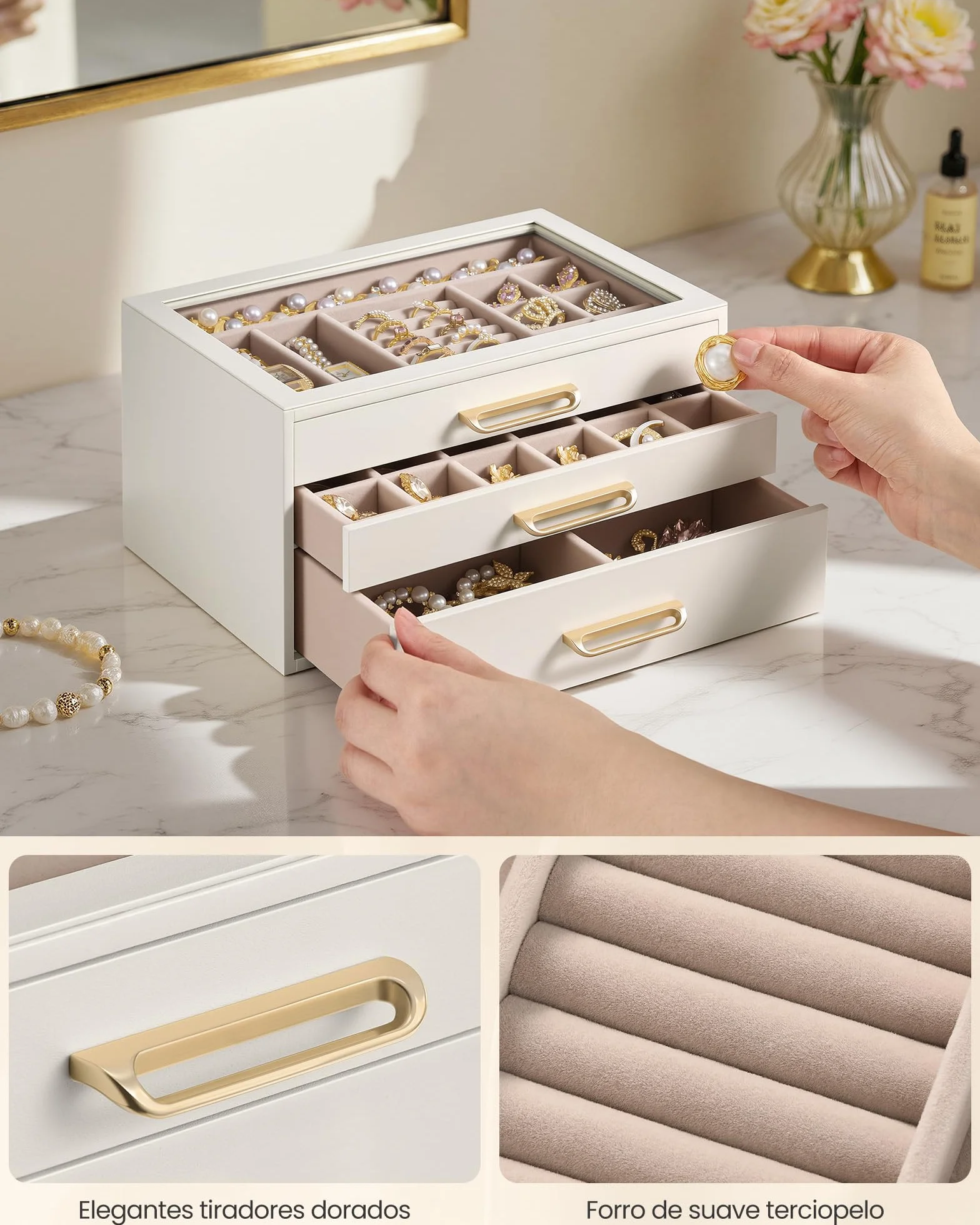 SONGMICS Caja de Joyas, Organizador de Joyería de 3 Niveles, con Ventana de Vidrio, 3 Cajones, Gran Capacidad, Tiradores Dorados, Idea de Regalo, 16 x 24 x 12,5 cm, Blanco Crema JBC206WD01