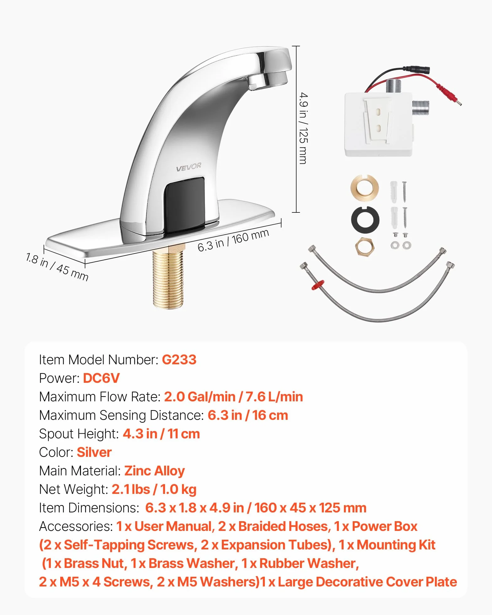 VEVOR Grifo de Lavabo sin Contacto, Grifo Automático para Baño de Solo Agua Fría, Aleación de Zinc, Diseño Delfín, con Tapa G233, Resistente a la Oxidación, 160 x 45 x 125 mm, Cromado Plateado