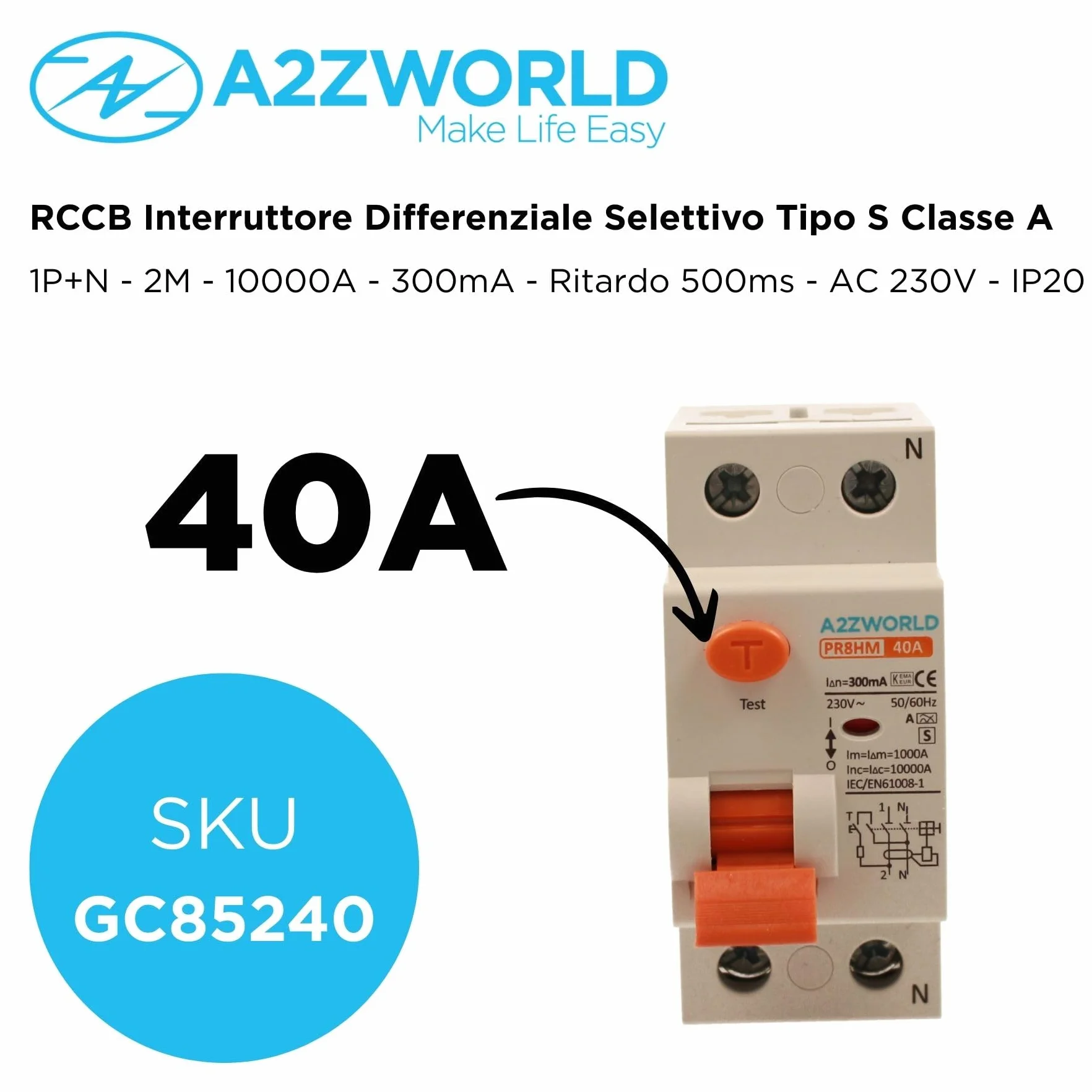 Interruptor diferencial puro selectivo 40A, RCCB Tipo S Clase A, 1P+N 10kA 300 mA, retraso 500 ms, 2 módulos DIN 230 V AC, certificado IEC61008-1, serie PR8HM electromagnético