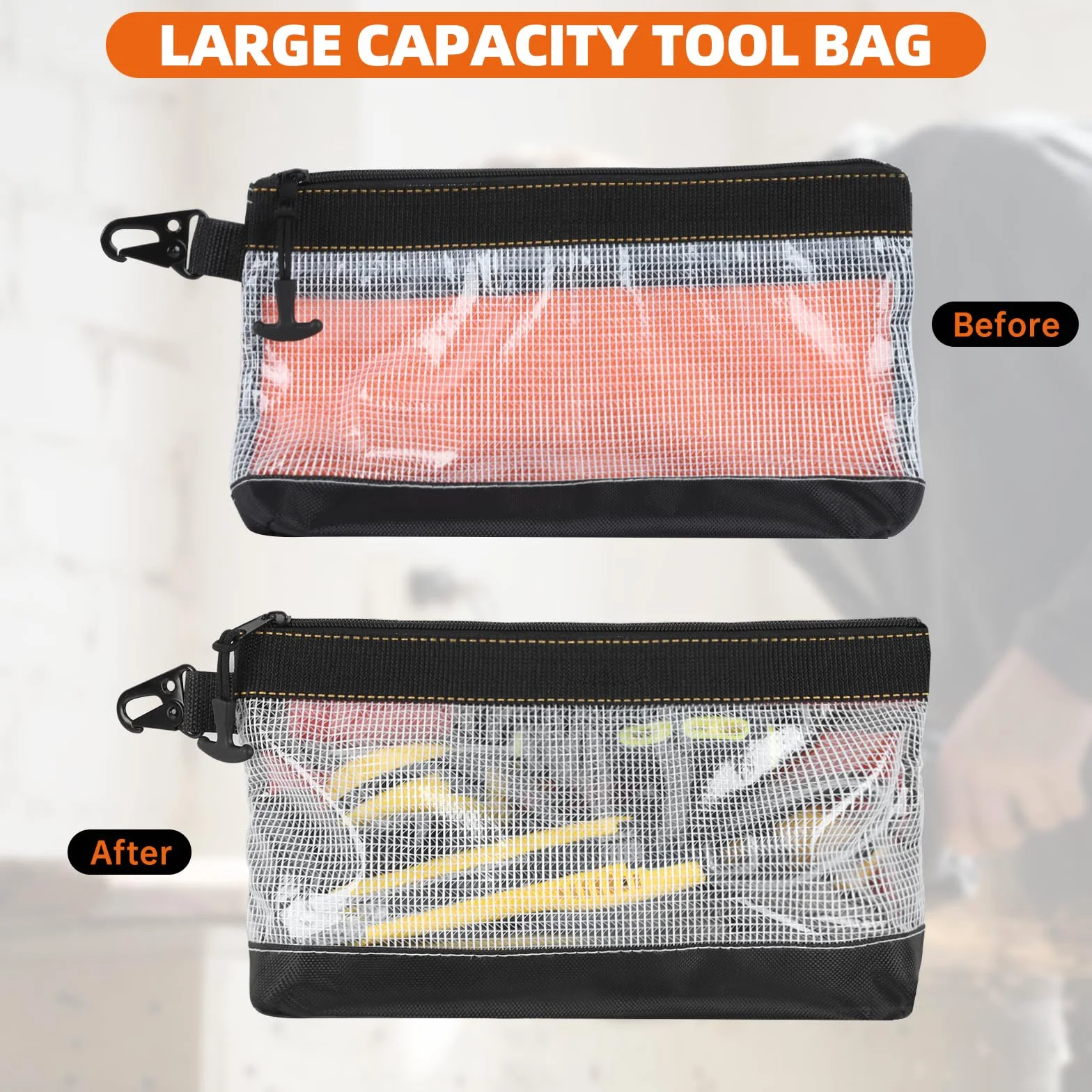 FRETONBA 2 Piezas Bolsa Herramientas Material De Pvc Transparente, Bolsa Impermeable y Antiestático, Gancho Metálico, Pochette Zippée Pour Outils Small Tool