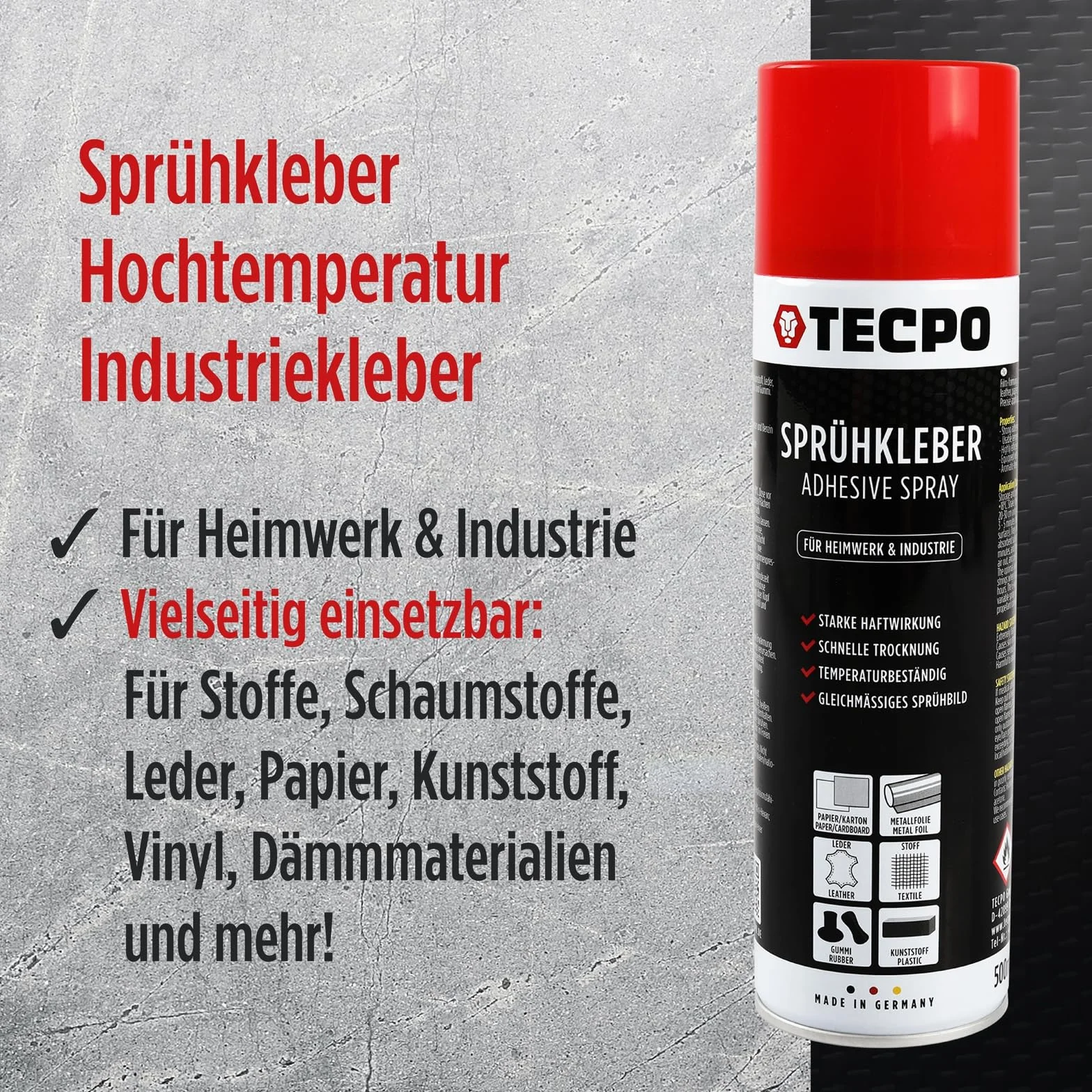 TECPO 4 adhesivos en aerosol, 500 ml, pegamento industrial, pegamento de contacto para piel, espuma, plástico, metal, papel, goma UVM.