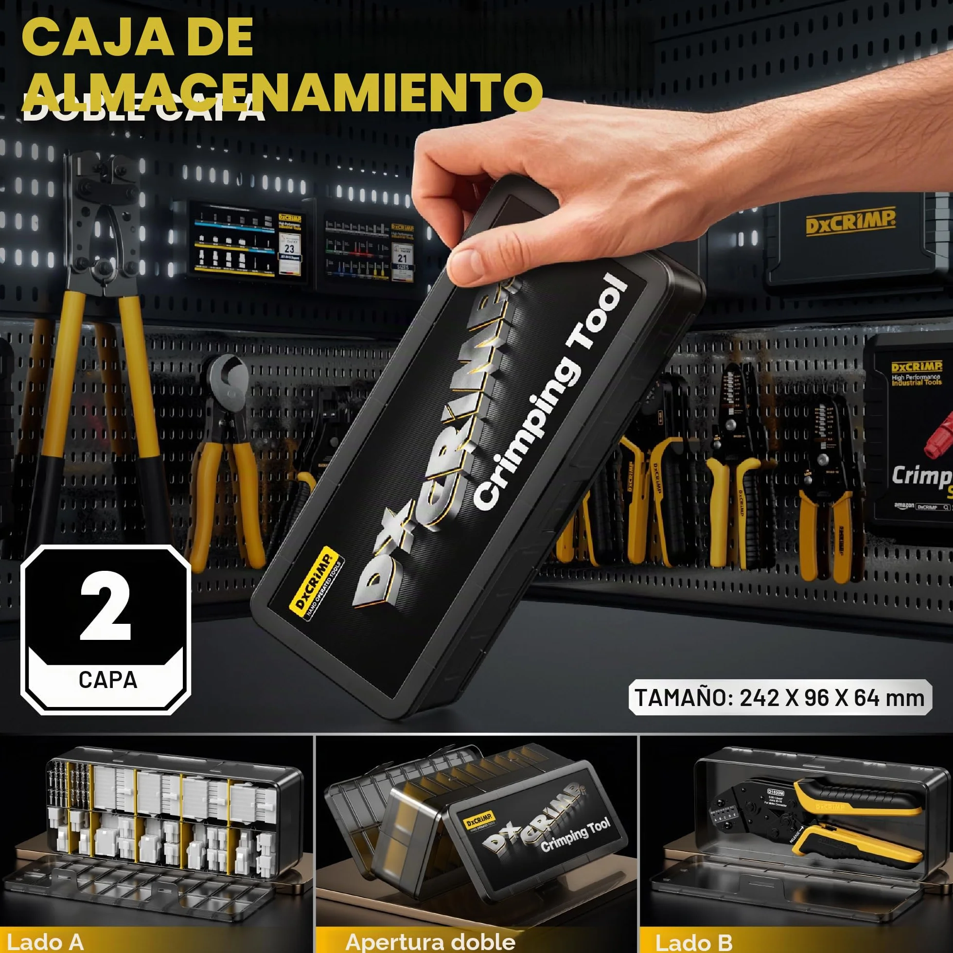 DxCRIMP Kit de Alicates de Terminales Mini-Fit Jr 4,2 mm — Set de Crimpado; Carcasas y Terminales 2–20 pines(26–16 AWG/0,14–1,5 mm²) con Crimpadora de Carraca y Extractor; ATX/EPS/PCIe, fuente modular