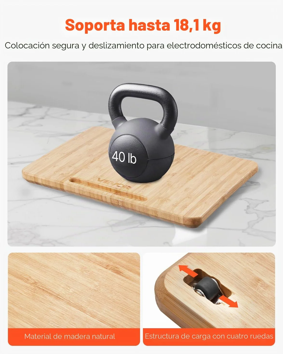 VEVOR Deslizador para Electrodomésticos 267 x 330 x 21 mm Bandeja Deslizante de Madera Grosor de 1,8 cm con Ruedas de Goma y Asa Hueca Ideal para Cafeteras y Encimeras de Cocina, Color Madera