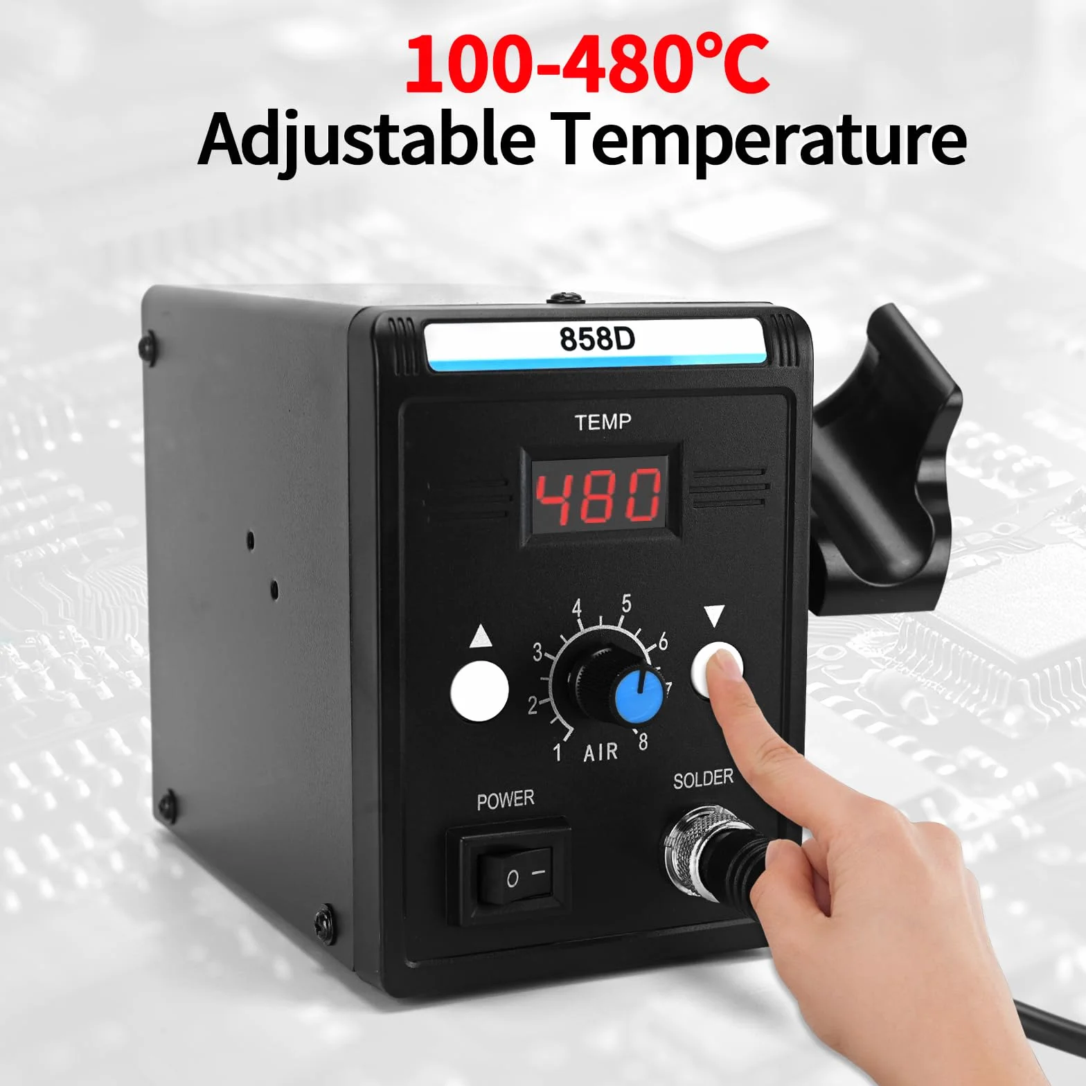Estación de retrabajo de aire caliente con pantalla LCD, estación de soldadura de temperatura y volumen ajustable 858D, 3 boquillas de aire caliente, 700 W para soldadura y reparación SMD