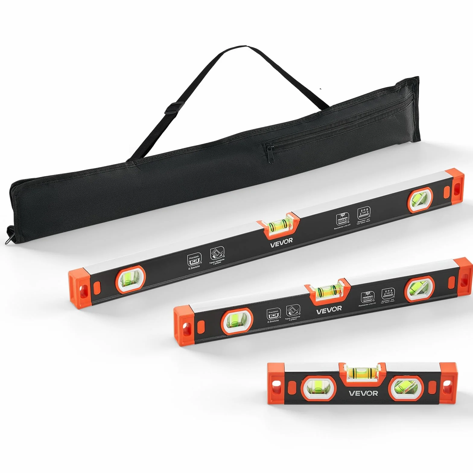 VEVOR Nivel de Burbuja Magnético de Aluminio, Juego de 3 Piezas 22,5/40/60 cm, Herramienta de Nivelación con 3 Burbujas, Ranura en V, Orificio para Colgar, Bolsa para Construcción Bricolaje y Hogar