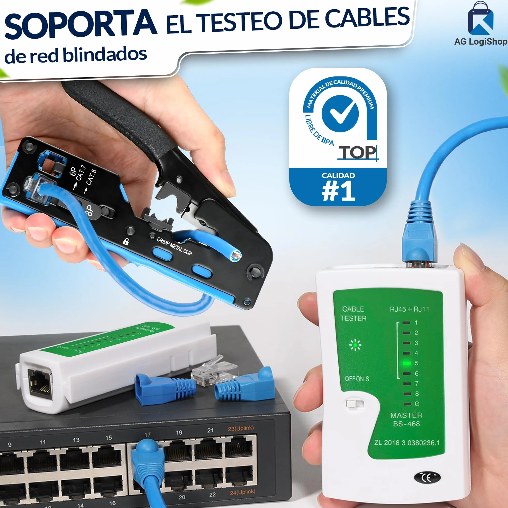 AG LogiShop Kit Herramienta de Crimpado RJ45 + Alicates + Pelacables + Comprobador de Conexión + 50pc Conectores + 50pc Fundas + Bolsa de Almacenamiento | Cat5/5e/6/7 + 6P/8P
