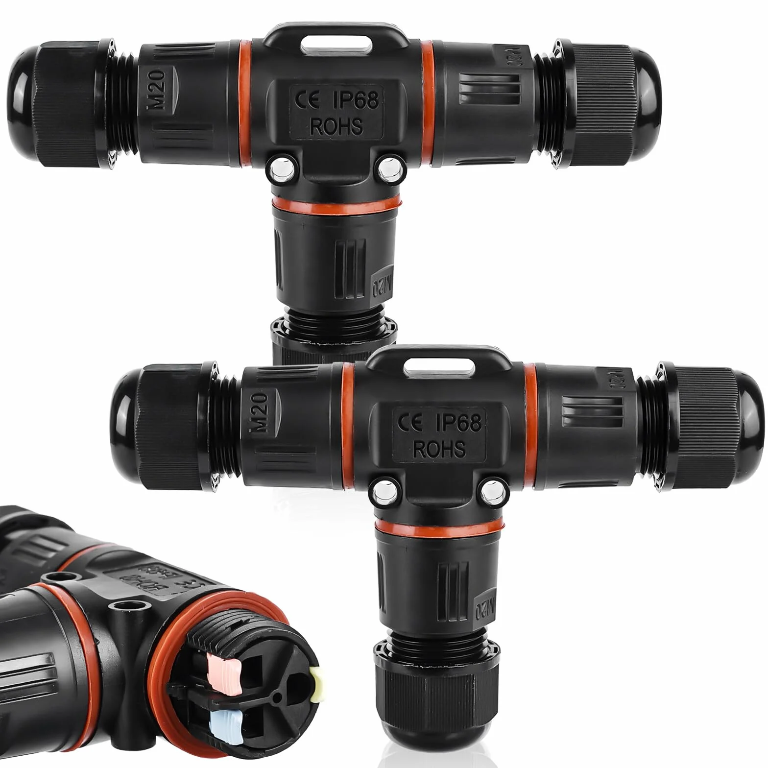 2 conectores de cable impermeables, IP68, resistentes al agua en forma de T, conector de cable de 3 pines, conector de cable subterráneo para diámetro de cable de 3 a 12 mm de diámetro para jardín al
