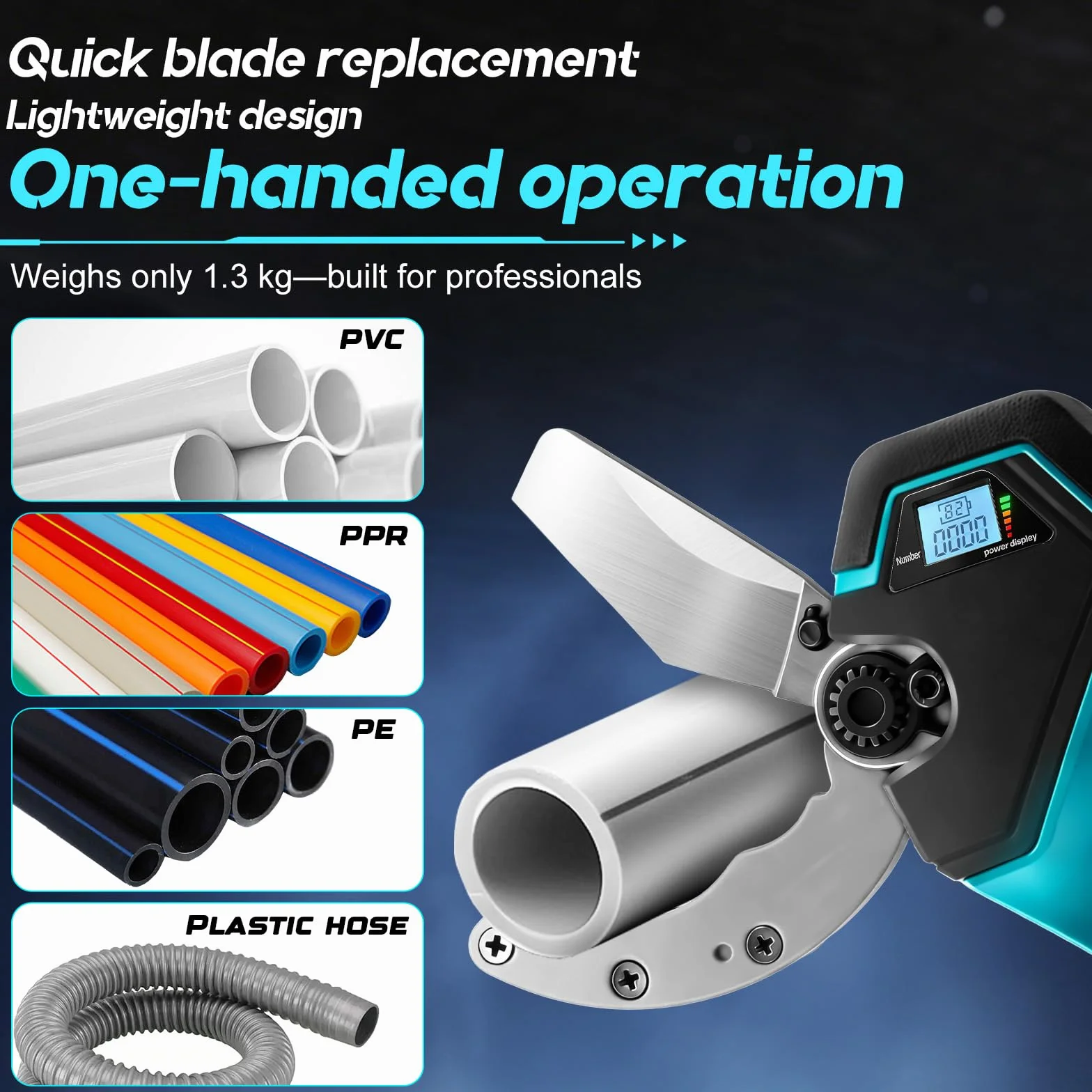 Cortatubos Eléctrico Inalámbrico Compatible con Makita 18V, Tijera Eléctrica de Litio con Motor Brushless para PVC, PPR, PE, PEX y Tubos de Plástico, Capacidad 50 mm (Sin Batería)