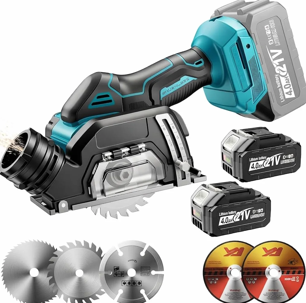 YEARTOP Mini Sierra Circular Batería 18V Amoladora 3" con 2x 4.0Ah Accu | Sierra compatible con batería Makita 18V. Corte ajustable, conexión aspiradora y 5 discos para azulejo, madera, metal