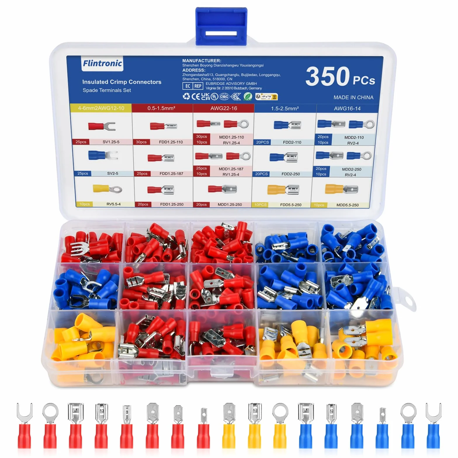 Flintronic 350 piezas Juego de Terminales Eléctricos,【0.5-6mm²】Terminales Eléctricos Aislada Macho/Hembra, Conector Cables Electricos con caja de surtido, para Industria electricistas Sistema…