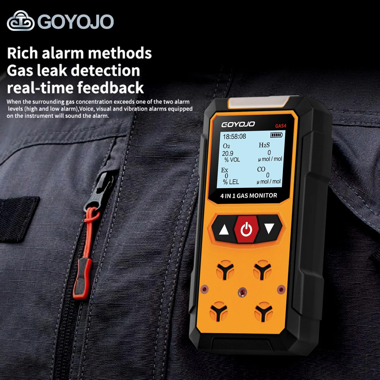 GOYOJO Detector de Fugas de Gas 4en1 (H2S,EX,O2,CO)Monitor de Seguridad Confiable para el Hogar y el Lugar de Trabajo con Detección Precisa, Recargable, Construcción Resistente y Alertas Instantáneas