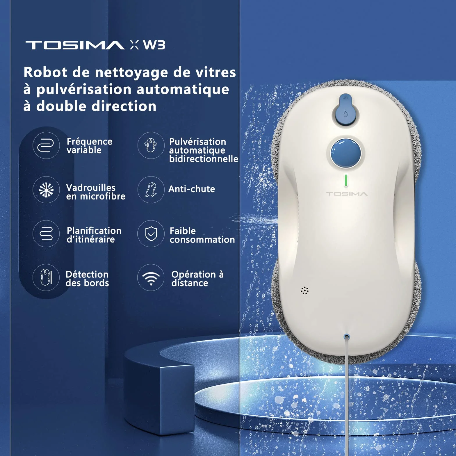 Tosima Robot Limpiacristales, Robot Limpieza de Ventanas Electrico, Sistema de Seguridad, Navegación Inteligente, Control Remoto, para Todas Las Superficies Lisas, con 12 Trapo (W3, White)