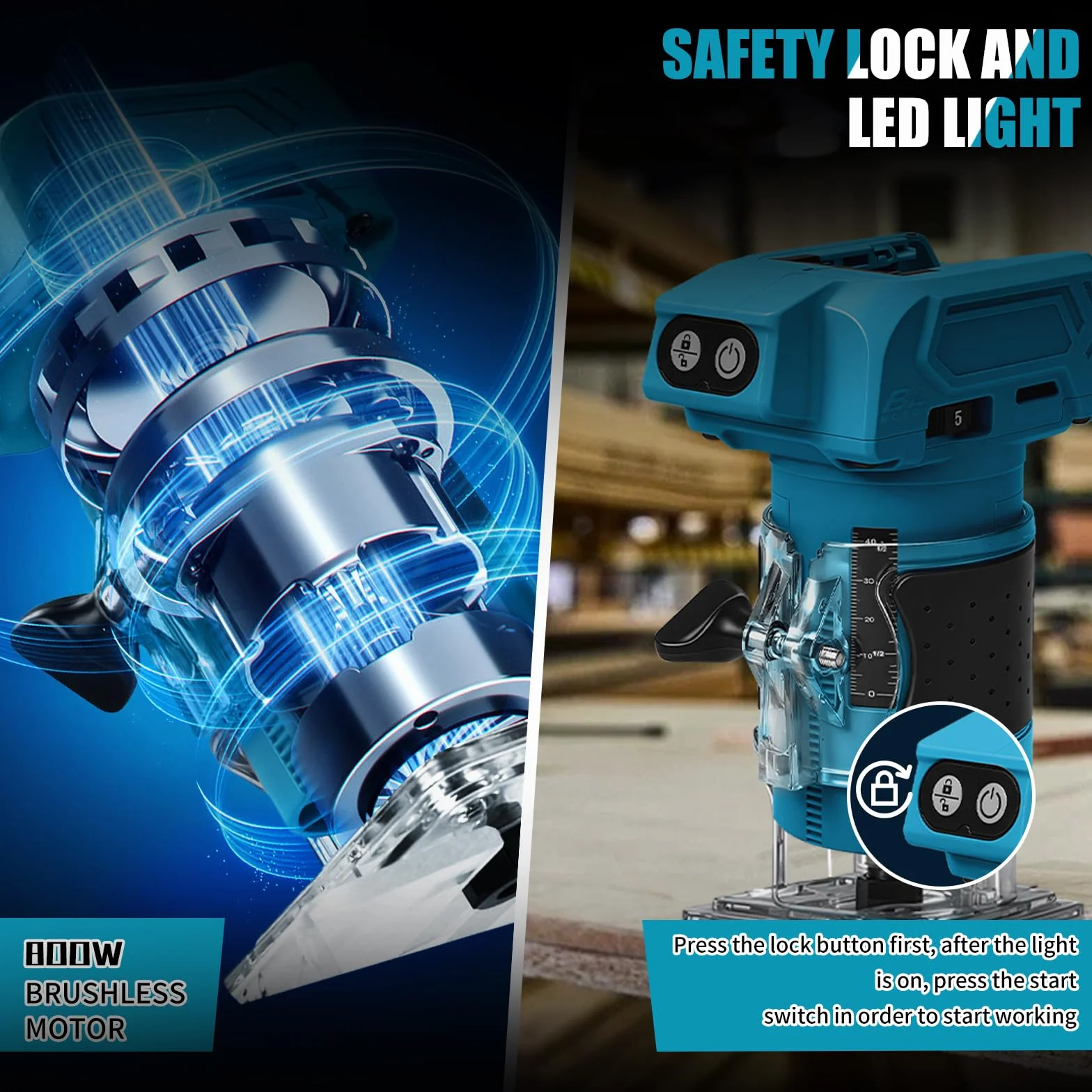 Fresadora con batería compatible con batería Makita de 18 V, 800 W sin escobillas, juego de fresa de cantos sin escobillas con 5 velocidades, pinza de sujeción de 6,35 mm, 30000 rpm, fresa de madera