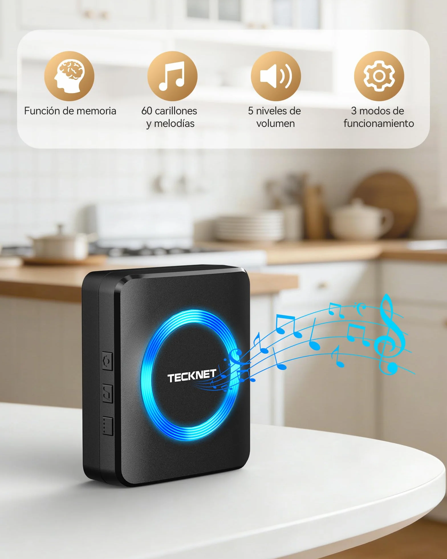 TECKNET Timbre Inalámbrico con Batería, 400 m, IP65, Resistente al Agua, 5 Niveles de Volumen, 60 Melodías