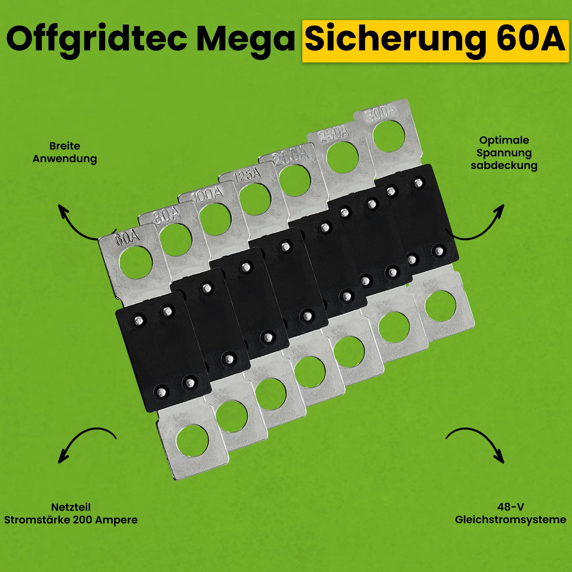 Offgridtec Juego de 5 fusibles Mega, 125 A, 70 V, para sistemas de 48 V