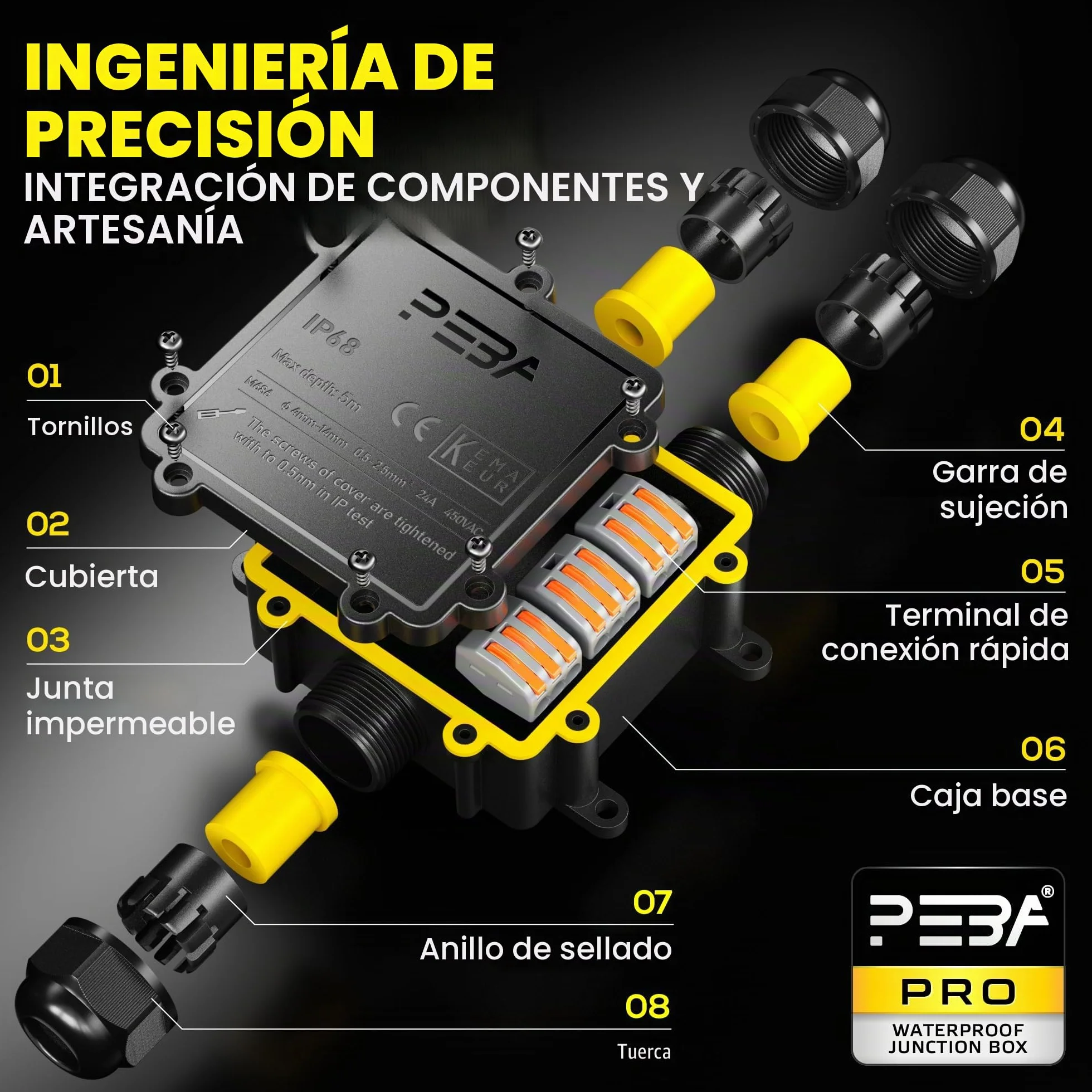 PEBA® Cajas de Conexiones Impermeables IP68, Conector de cable estanco,Caja de conexiones de conector de cable Exterior de 3 vías, Apto para cables Ø4-14 mm Caja Conexiones Negro,1 piezas