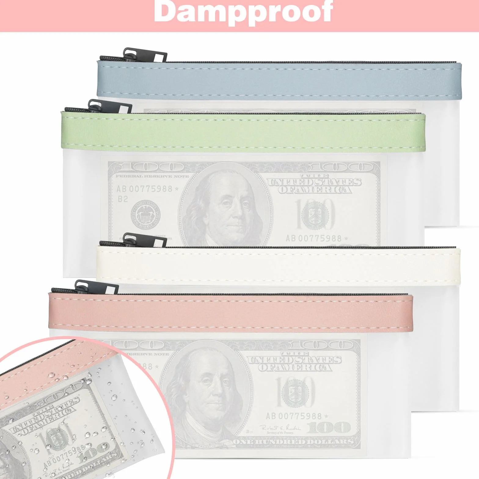 Organizador de dinero transparente con cremallera, 4 bolsas de efectivo