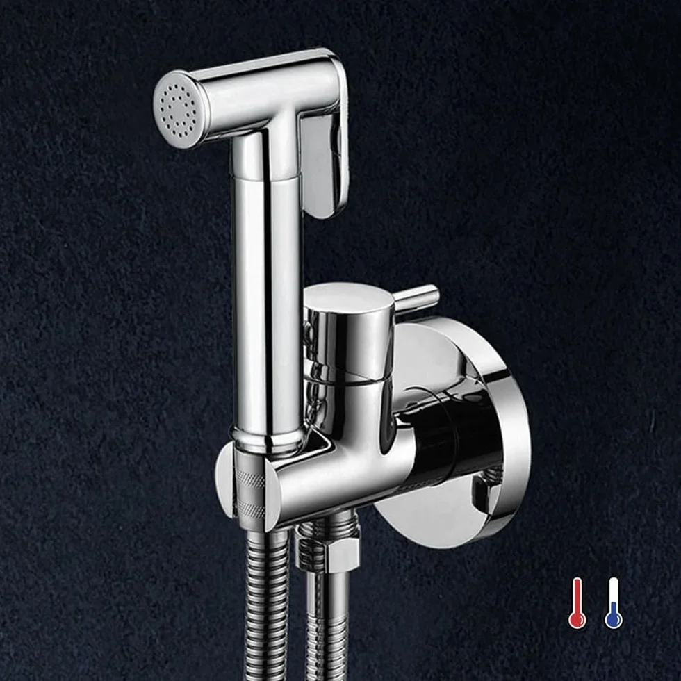 Kibath L473551 Grifo para el WC, higiene íntima para sustitución del Bidet, Monomando Agua fría y Caliente con Ducha de Mano. Diseño Redondo, Cromo Brillo