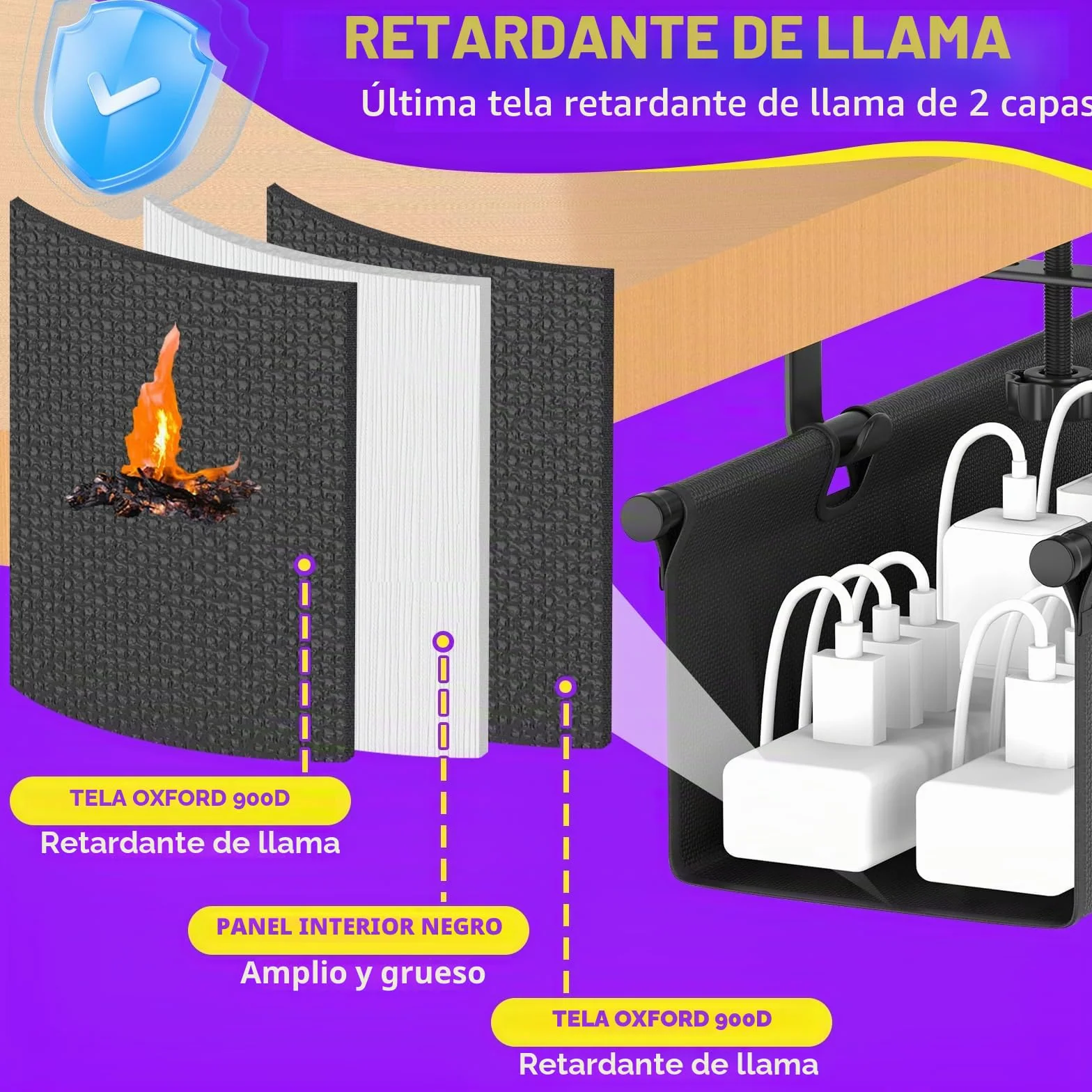 REFLYING 74cm Organizador Cables Escritorio, Bandeja Cables Escritorio sin Taladro, Recoge Cables Escritorio para Mesa de Pie, Cable Management en la Oficina o en Casa, Negro