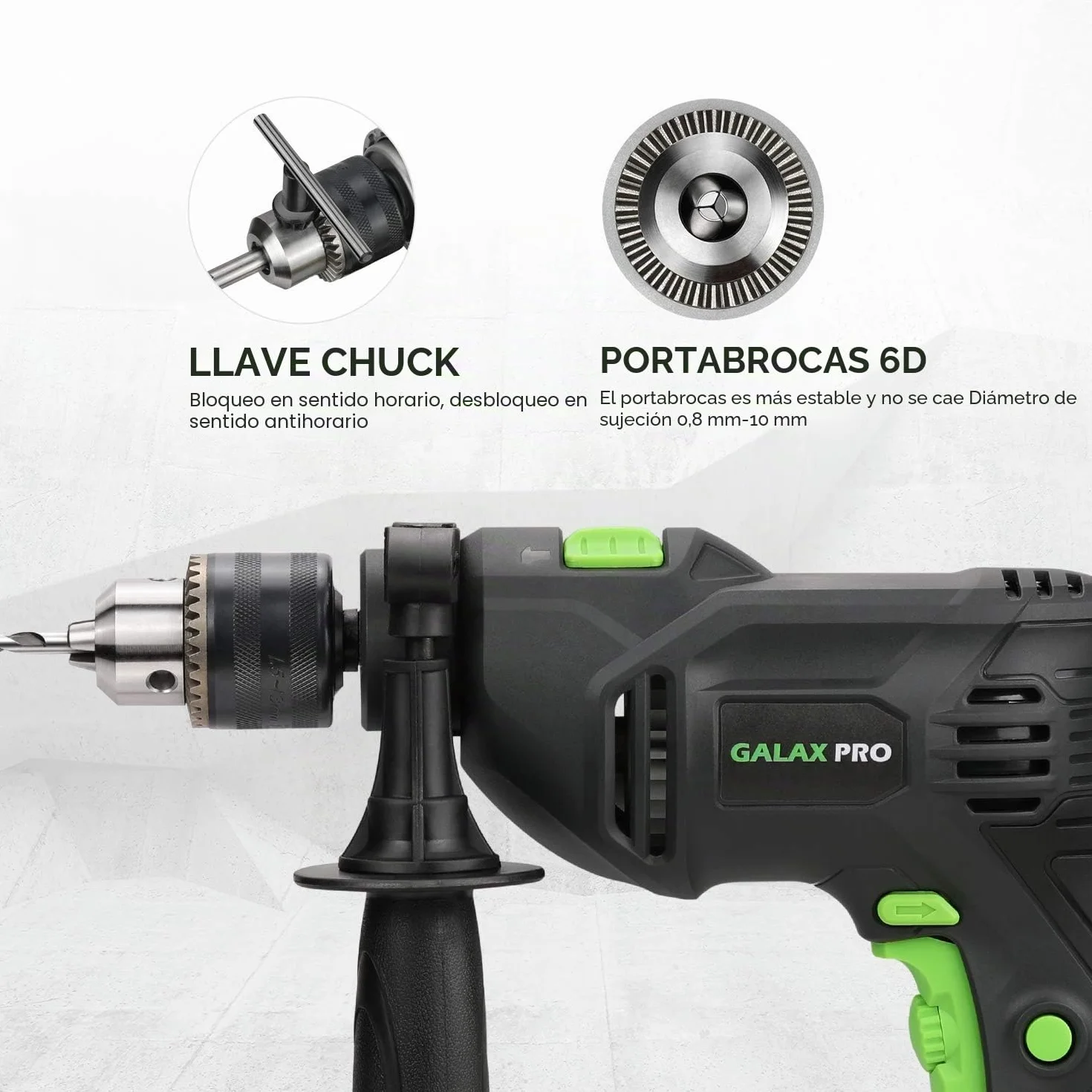 Galax Pro Taladro Percutor 600 W, Taladro Percutor con Cable de Velocidad Variable 0-3000 rpm, 2 Funciones en 1, Portabrocas de 13 mm, Motor de Cobre Puro