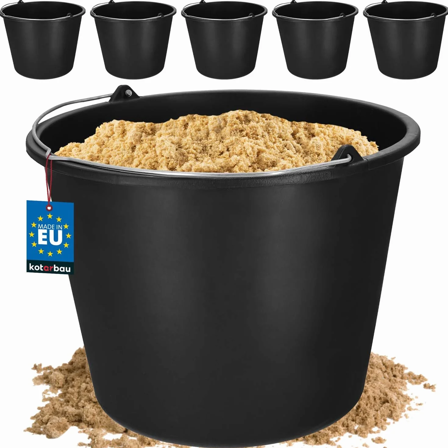 KOTARBAU Juego de 5 cubos de plástico de 16 l para la construcción, cubos para mortero, cemento, agua, cubo de jardín, negro