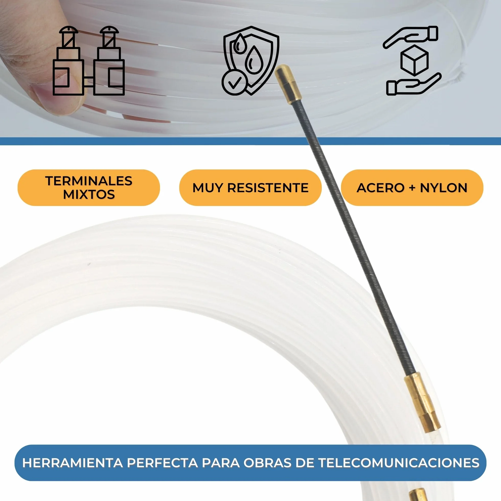 TECHZOCO Guía Pasacables de nylon, Pasacables de Nylon, Guía de Cableado Flexible, Tiracables de Nylon, Guía para Instalación Cables, Terminales Mixtos, Acero + Nylon, diámetro 3 mm x 5 metro largo