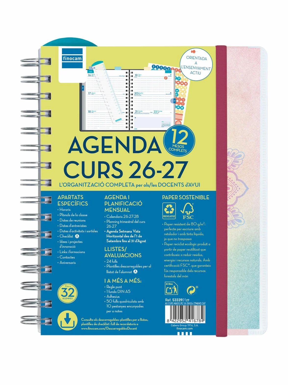 Agenda Curso 2026 2027 Semana Vista Horizontal Septiembre 2026 - Agosto 2027 12 meses Catalán Mandala