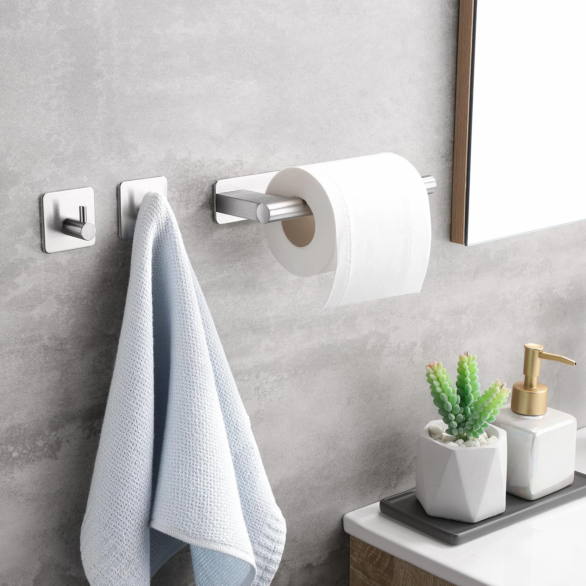 Portarrollos Papel Higienico y 2 Piezas de Ganchos Adhesivos, Portarrollos Adhesivo Baño de Pared, Portarrollos Papel Higienico Acero Inoxidable, Plata