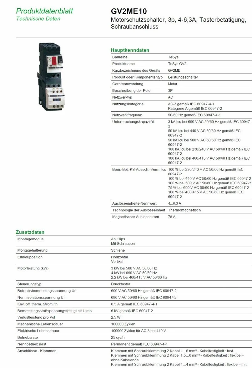 Schneider Electric GV2ME10 Tesys Gv2, Disyuntor Magnetotérmico, 4-.6,3 A, Conexión Por Tornillo