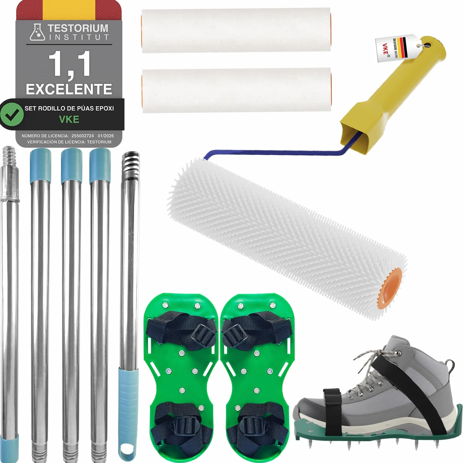 VKE Rodillo de Púas Autonivelante 23 cm - Espinas 14 mm, Autonivelante, 2 Rodillo Pintura 23 cm, Palo Telescopico 1,5 m, Zapatos Aireador para Cesped 30 mm, Herramientas para Autonivelante - 1 Asa