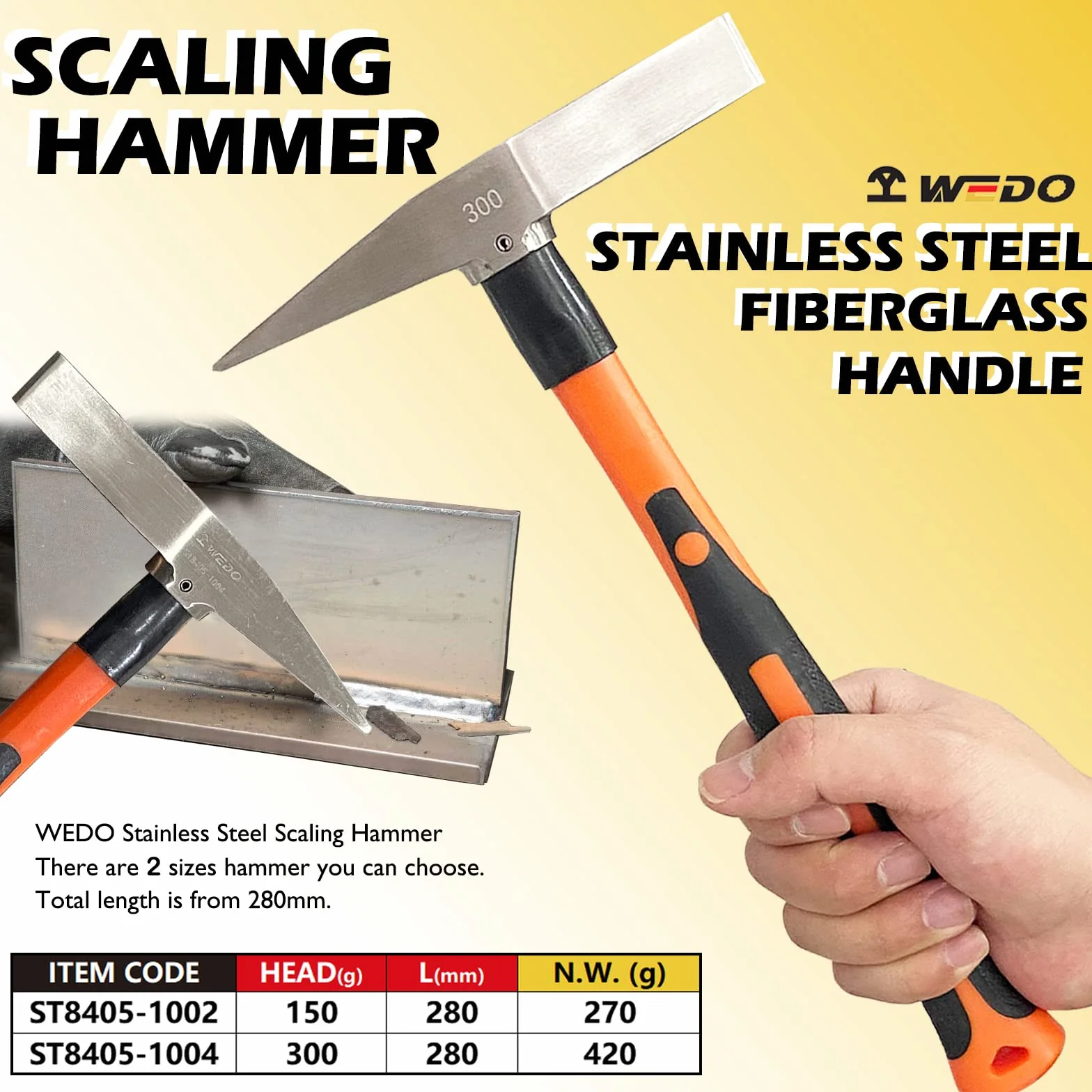 WEDO Martillo de soldadura - 300g,Piqueta soldador profesional de acero inoxidable,resistente a la corrosión,Piqueta de Soldadura con Mango de Fibra de Vidrio