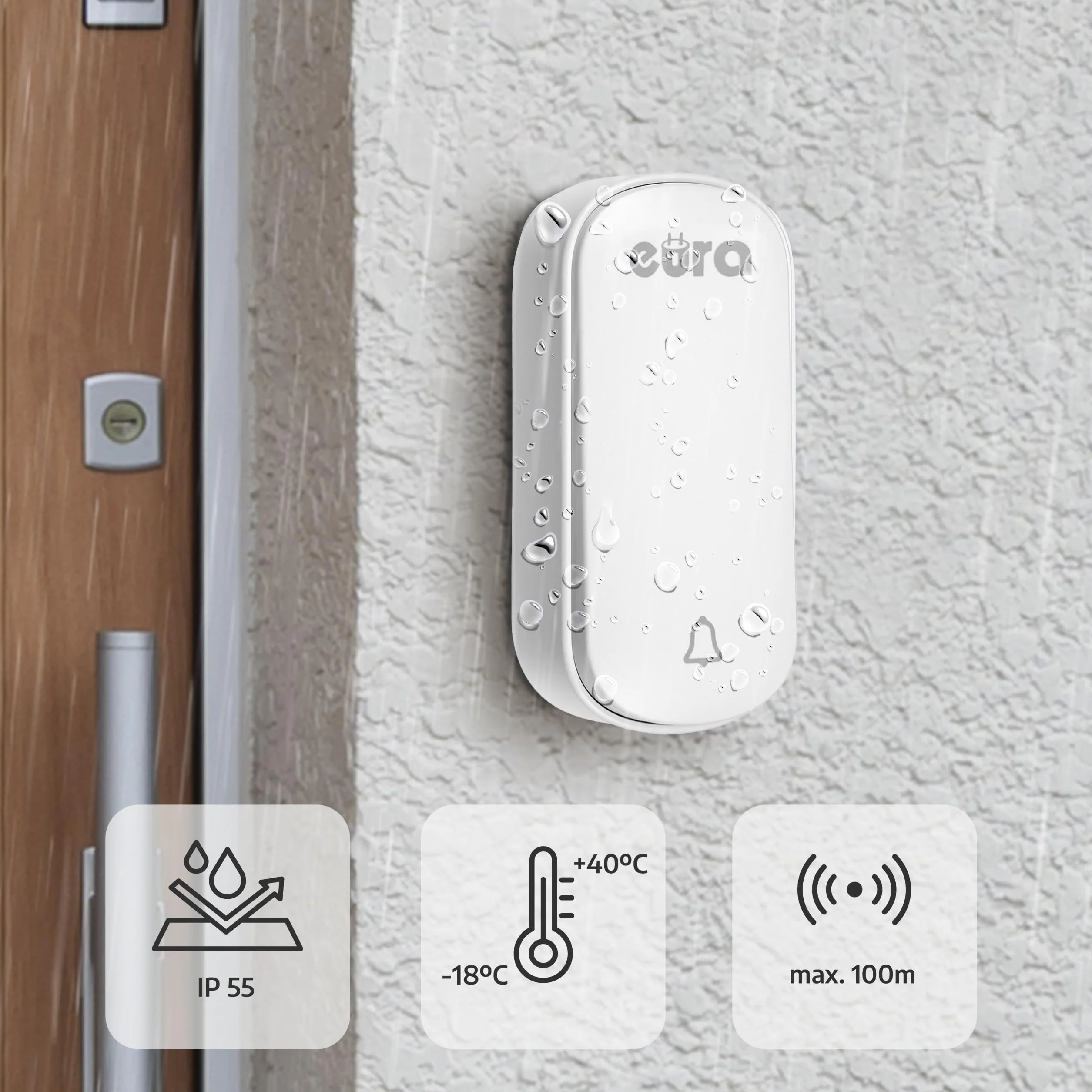 Timbre inalámbrico sin batería SOUL WDP-91H2 con enchufe de ~ 230 V de Eura-Tech, para exteriores, resistente al agua, inalámbrico, alcance de 100 m, 58 melodías, 4 niveles de volumen