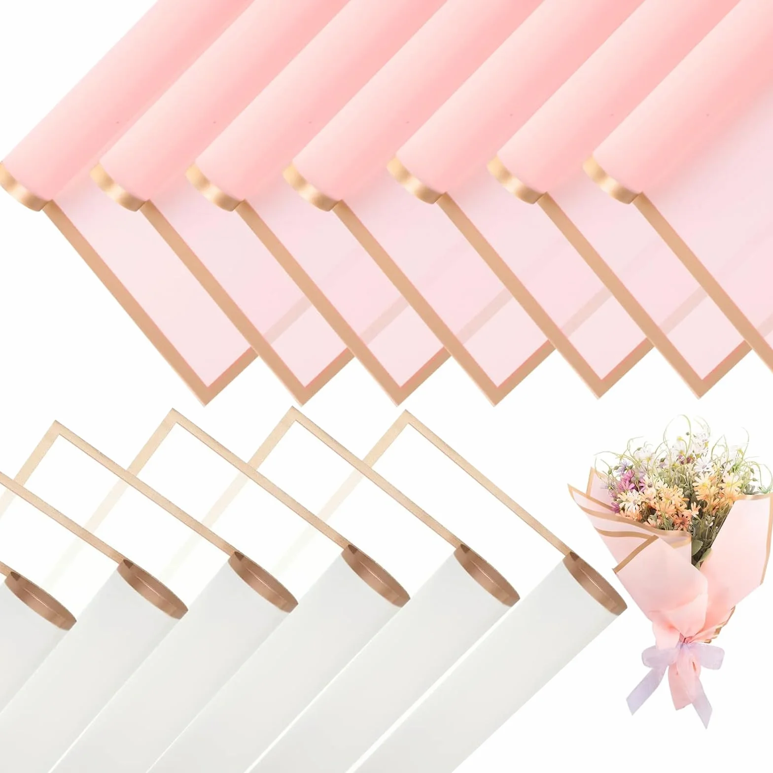 Papel de Envolver Flores Impermeable 58x58 cm Borde Dorado 20 Hojas Blanco Rosa