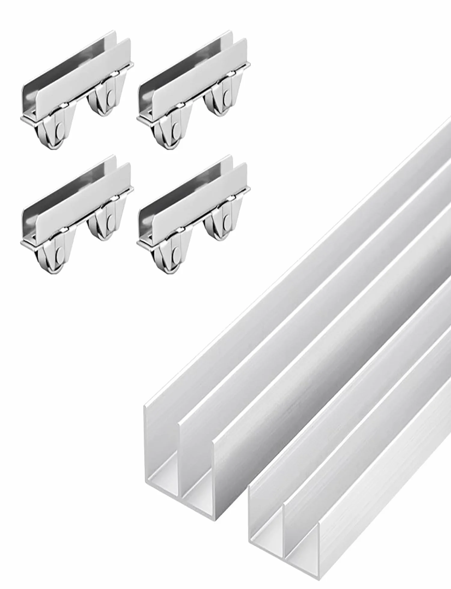 Kit de riel para puerta corredera de cristal, riel guía de aluminio de doble canal con rodillos silenciosos para vitrinas y armarios