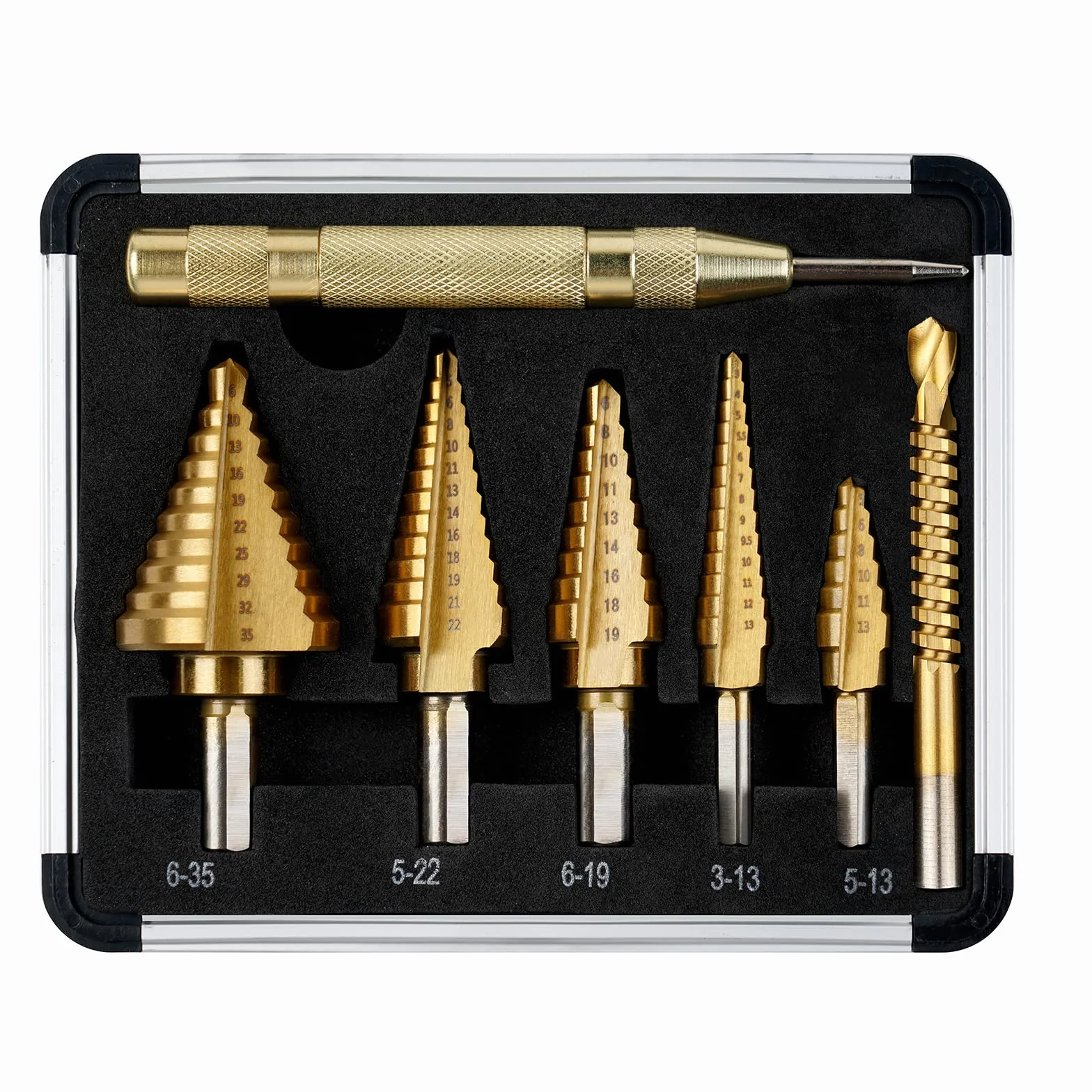 Flintronic - Broca escalonada, 5 unidades (5-13 mm, 3-13 mm, 6-19 mm, 5-22 mm, 6-35 mm), 1 perforadora central automática + 1 broca helicoidal, broca cónica de doble ranura recubierta de titanio Hss