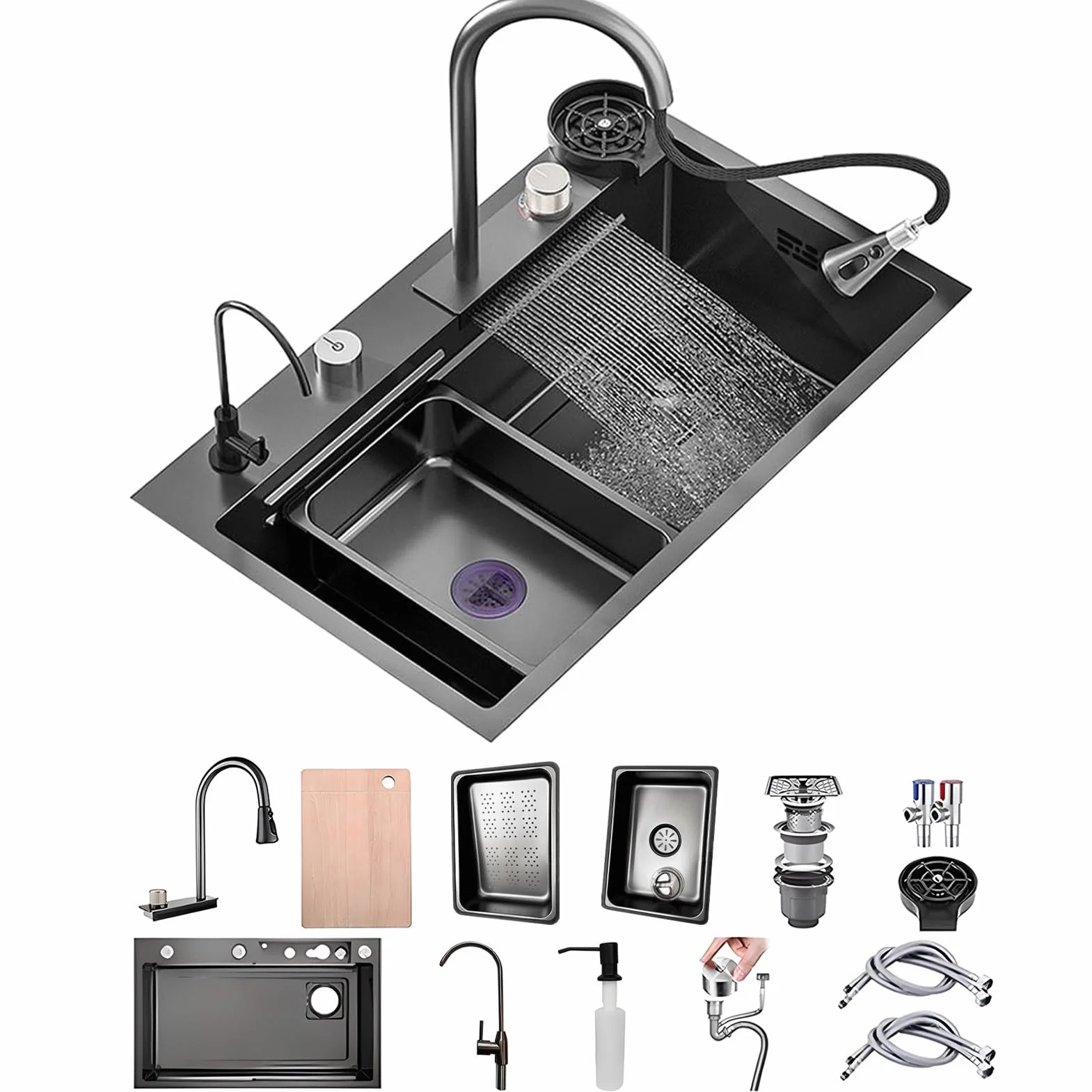 50 Cm De Ancho Fregadero De Cocina Con Grifo Cocina Extraible, 1 Cubeta De Acero Inoxidable Nanorrevestimiento, Fregadero Negro Con Cascada Así Como Otros Accesorios(Black-Grey B,85x50cm)
