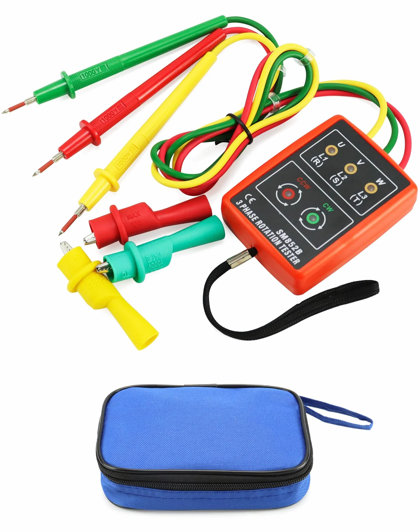 QWORK® Probador de fase, dispositivo de medición de campo giratorio para 3 fases, 60 V ~ 600 V CA, 20-400 Hz, con probador de zumbador y pinzas de cocodrilo