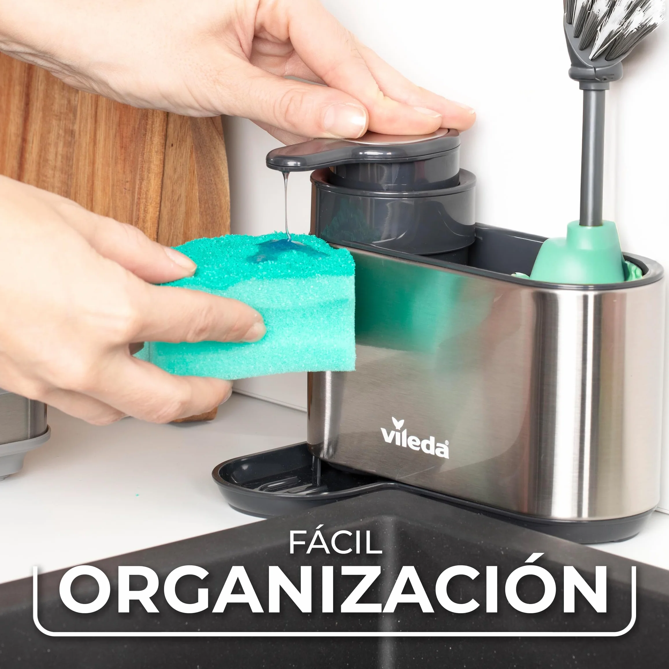 Vileda Organizador para Fregadero de Acero Inoxidable con Dispensador de Detergente